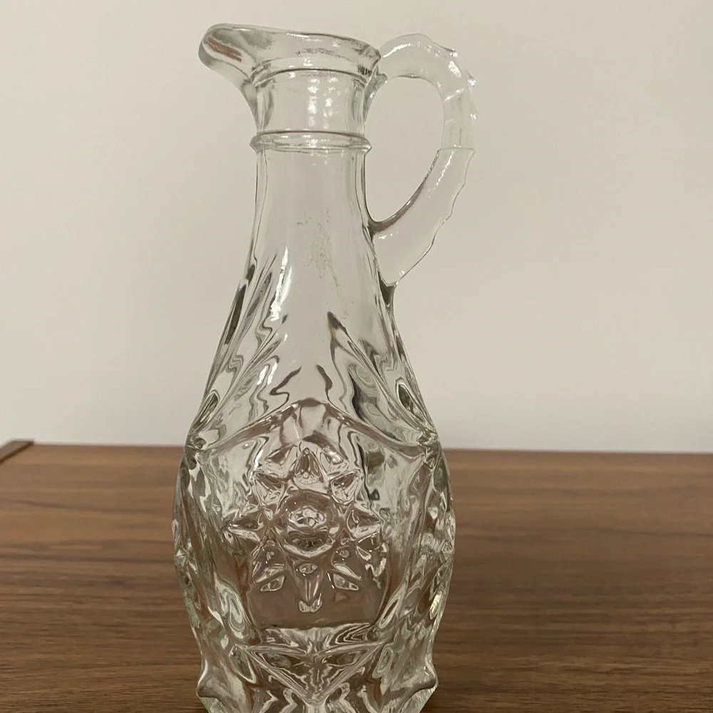 Vintage Clear‎ Pressed Glass Cruet Starburst Pattern Oil and Vinegar Bottle